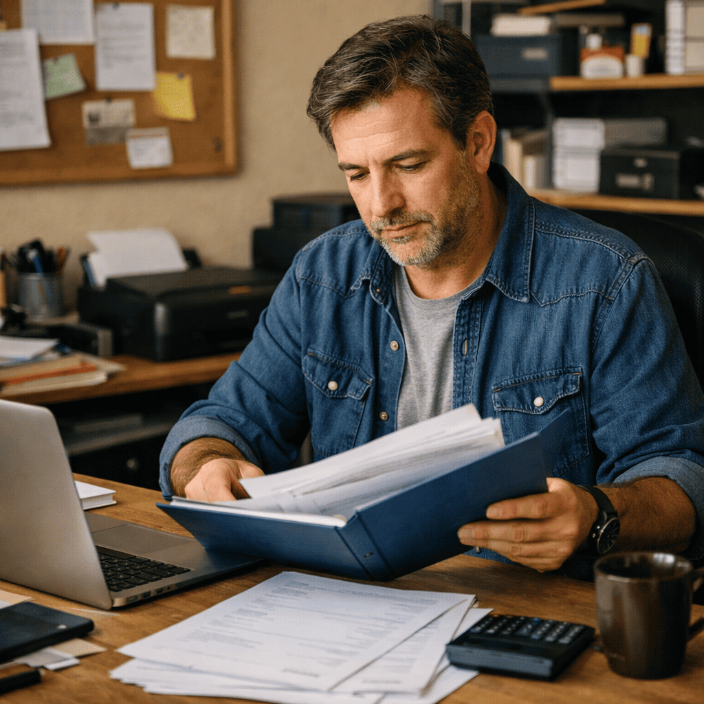 Empresario revisando documentación de cumplimiento normativo en su despacho