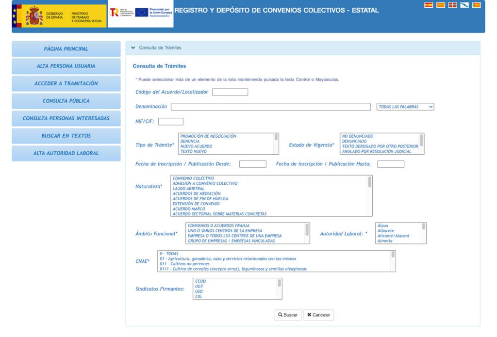 Pantalla de registro del plan de igualdad de empresa en el portal REGCON del Ministerio de Trabajo