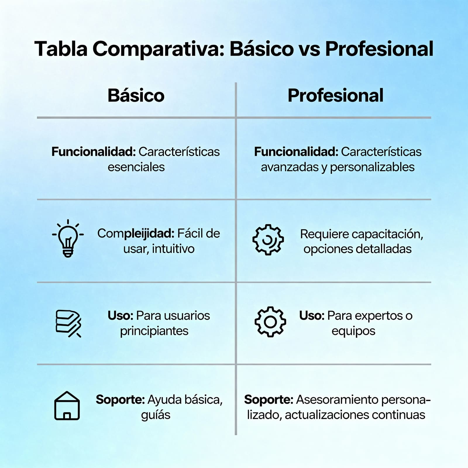 Tabla comparativa básica vs profesional